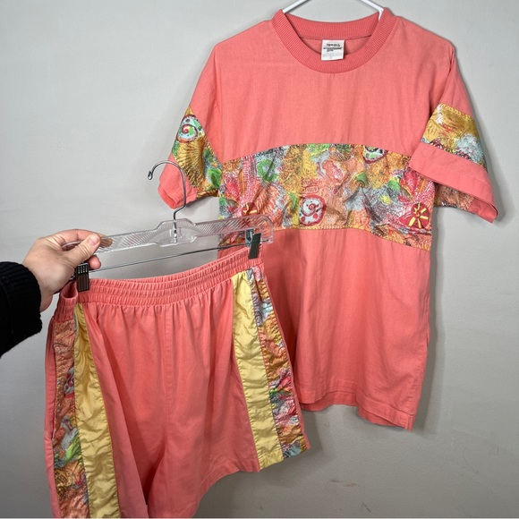 Pants - Vintage 80s Matching Set Coral Beachy Shirt and Shorts Cotton Size Medium Large